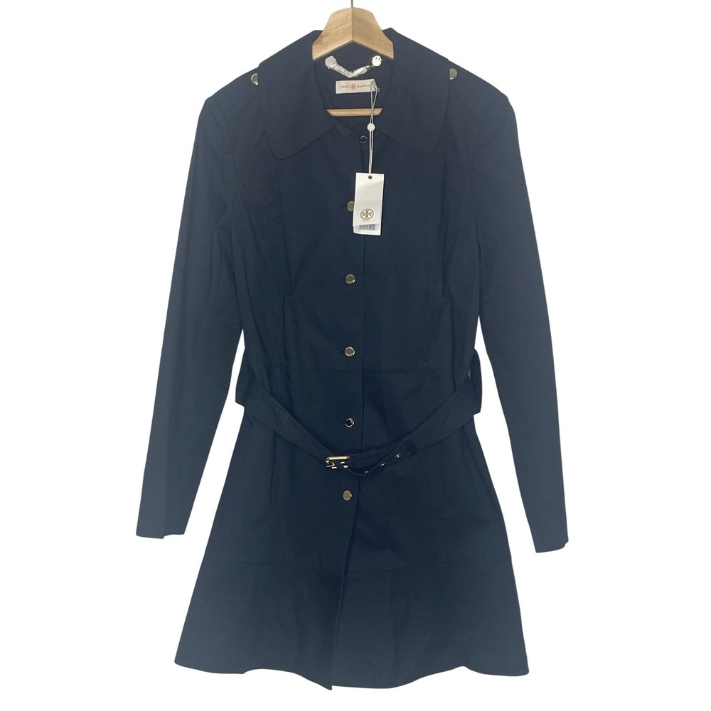 Tory Burch Black Abrielle Trench Coat Size 8 Belted Gold Button  NEW
